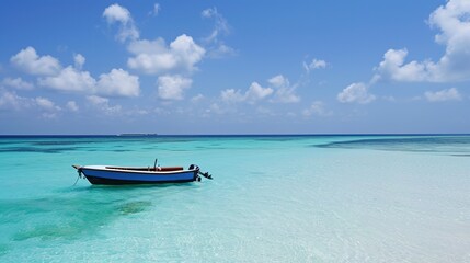 Fototapeta premium A small boat on the blue sea on the beach