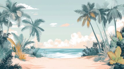 Stunning beach banner with white sands, swaying palms, and gentle waves, tropical backdrop perfect for wide travel designs.