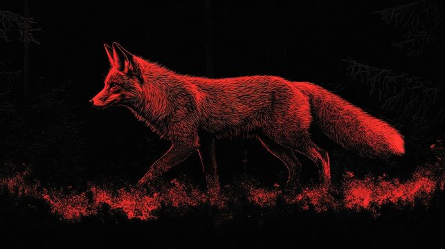 An image made using only the same shade of red of a fox against a black background. The fox&acirc;&euro;&trade;s sharp features and bushy tail contrast elegantly with the dark forest.