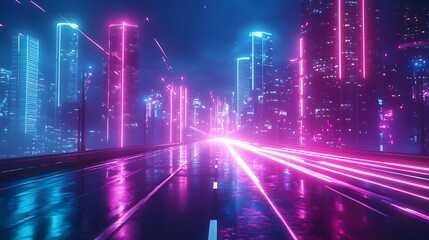 Fototapeta premium A vibrant, futuristic cityscape with neon lights reflecting on a wet road.
