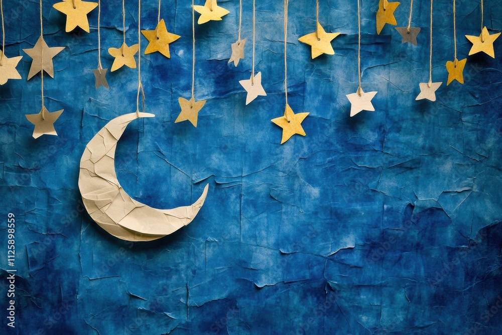 Poster a whimsical display features a crafted moon and stars on strings, suspended over layered blue textur