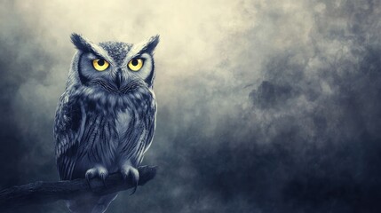 Vibrant watercolor owl with luminous yellow eyes, perched on a branch, painted in soft, earthy tones and delicate brushstrokes