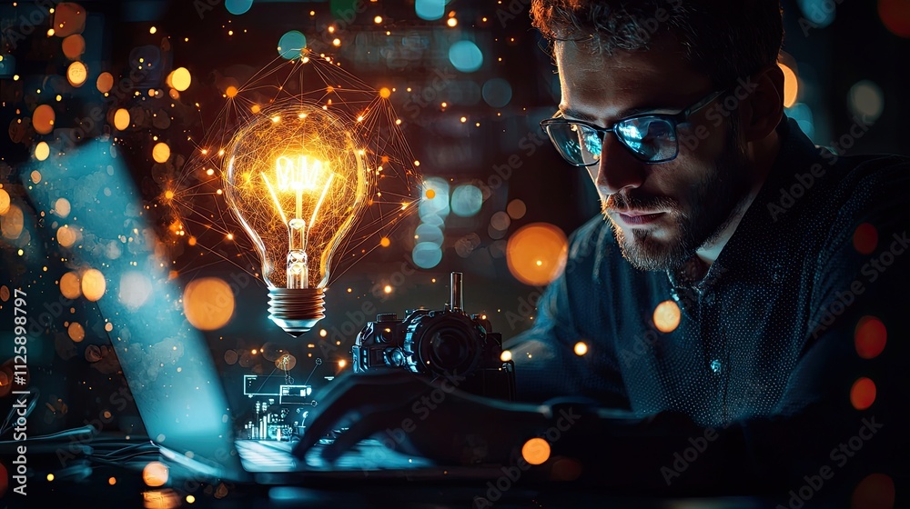 Aufkleber The image captures a man combining technology and creativity, embodying the notion of innovation through a light bulb and gear, with a focus on the digital workspace.