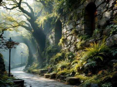Green moss clings to weathered stone, a silent wall.