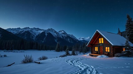 Winter wonderland with cozy wooden cabin nestled in snowy mountains under vibrant northern lights in starry night sky, cabin, vacation
