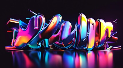Colorful, iridescent 3D text with reflections on dark background.