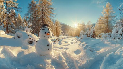 Fototapeta premium Festive Snowman in a Sun-Drenched Snowy Alpine Forest at Sunset