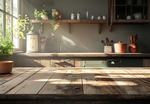 Sunlit rustic kitchen countertop with wooden table in foreground.