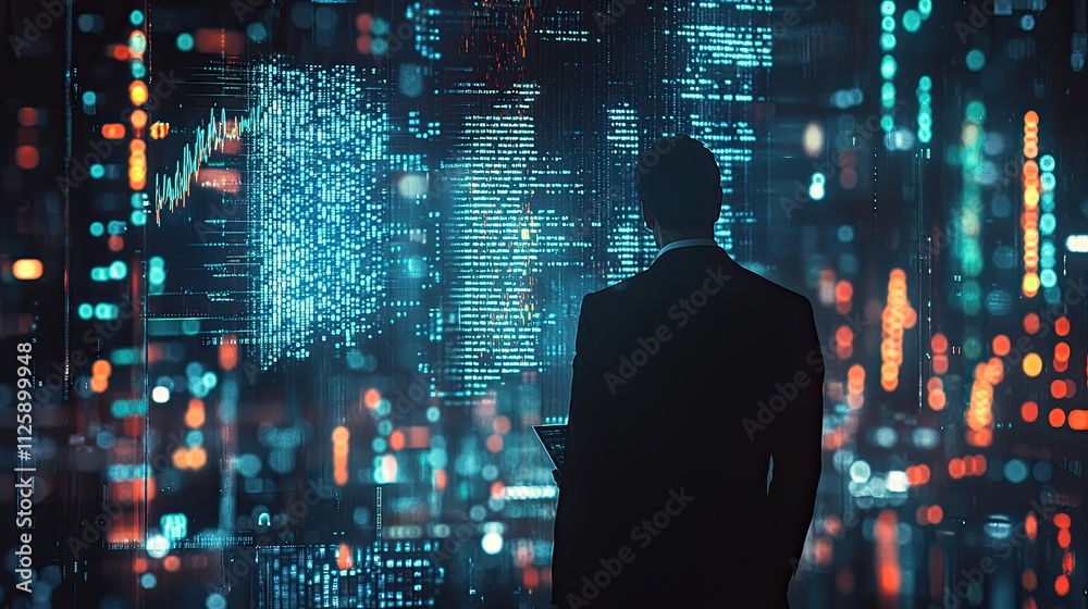 Poster the image captures a businessman analyzing a forex trading graph, representing the interplay of busi