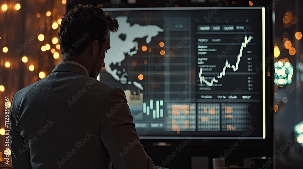 Poster the image captures a businessman analyzing a forex trading graph, representing the interplay of busi