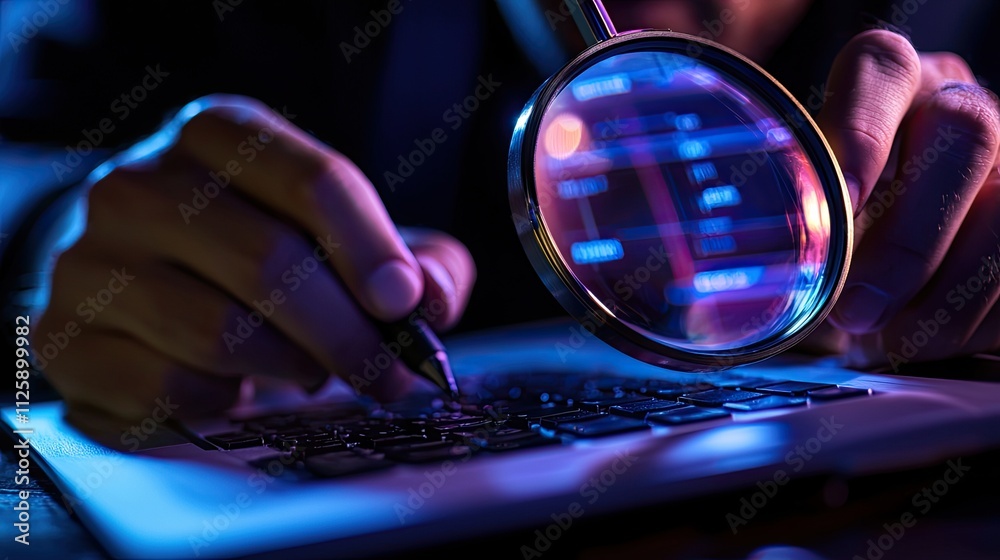 Leinwandbilder A man utilizes a computer notebook to conduct data searches, highlighting the role of search engine optimization and the use of search consoles for efficient information