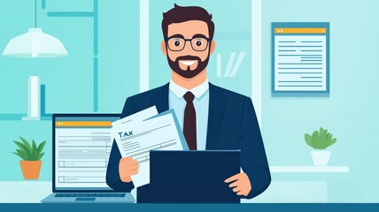 Tax Submit & Finance Submission concept. A cheerful man in a suit holds tax documents in an office, featuring a laptop and plants, embodying a professional and organized workspace.