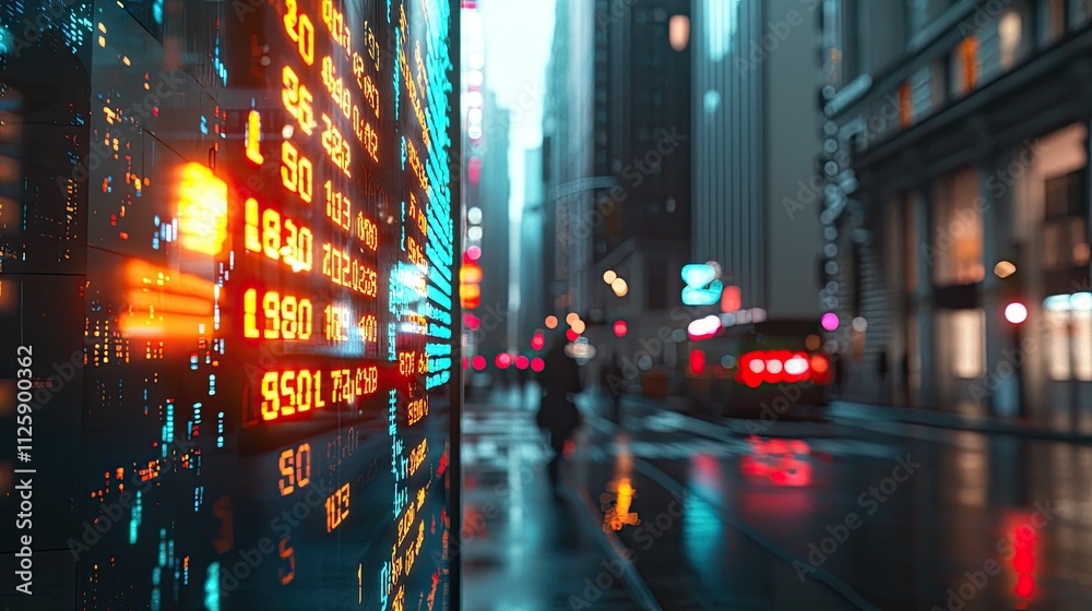 Poster this scene captures a vibrant hologram of stocks, representing financial progress, set against a mod