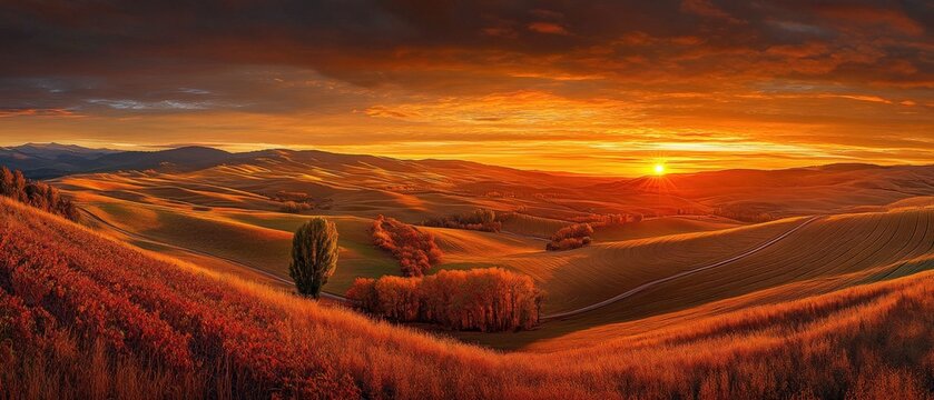 stunning sunset over rolling hills with vibrant autumn colors