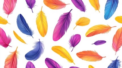 Fototapeta premium 16.Seamless vector pattern of colorful feathers, featuring shades of purple, pink, yellow, orange, and blue; feathers arranged in a lively, flowing pattern with each color popping against the white