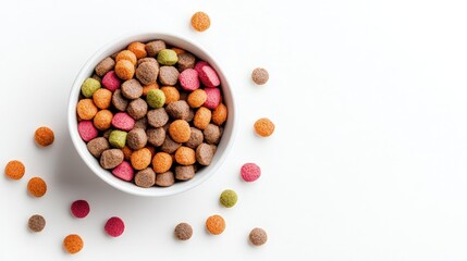 Colorful pet food kibble in a white bowl on a white background.