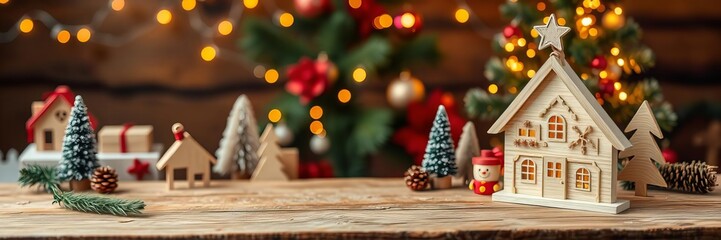 Wood table tabletop product display with festive Christmas background, featuring a Christmas tree and fairy lights, background, festive