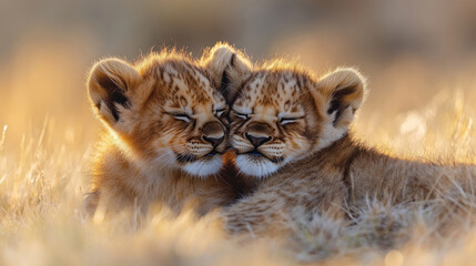 Obraz premium A lion cub biting its sibling ear playfully while lying in the golden savanna grass