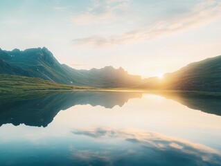 Obraz premium serene mountain landscape reflecting in calm water at sunset
