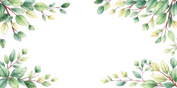 Woodland themed rectangular frame watercolor with forest leaves for baby shower or wedding invitations, rectangular frame, template