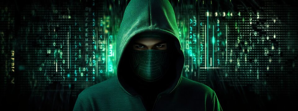 Hooded Hacker in a Matrix-Code Digital World Symbolizing Cybersecurity and Technology
