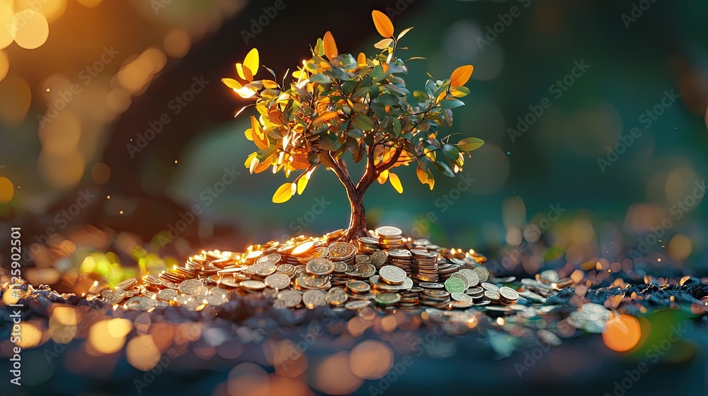 Poster The artwork features a vibrant tree sprouting from a pile of coins, representing both environmental sustainability and financial investment growth.