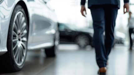 Professional luxury car agent in an upscale showroom. Business of automotive sales, emphasizing customer service, elegant interior design, and the premium experience in the automotive industry.