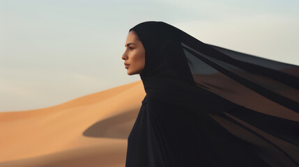 Profile shot of a Middle Eastern woman wearing a black abaya, with flowing hair and a serene pose in a desert background. Cultural identity, grace, and the simplicity of traditional elegance.