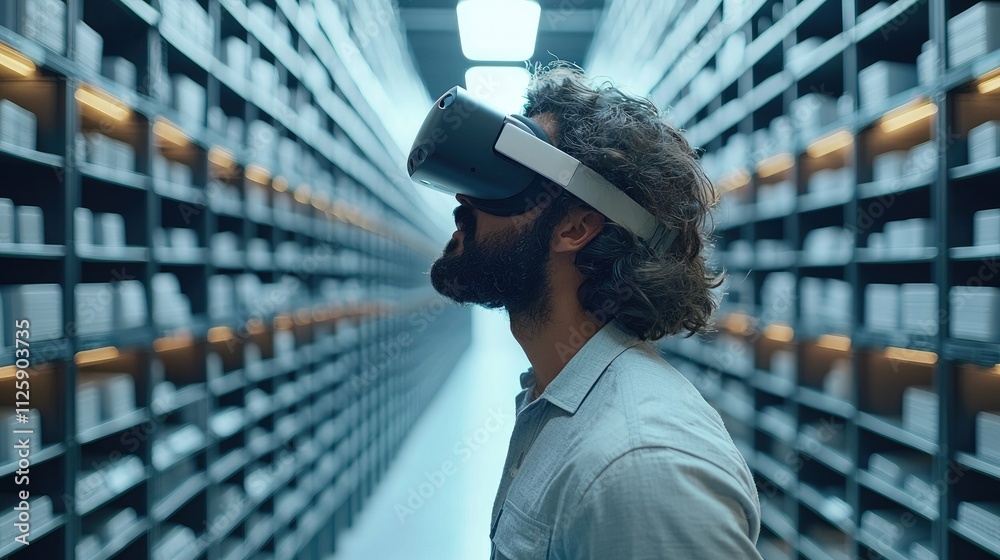 Poster A man uses VR glasses to connect with cloud technology, exploring vast databases, illustrating the intersection of innovation and data accessibility.