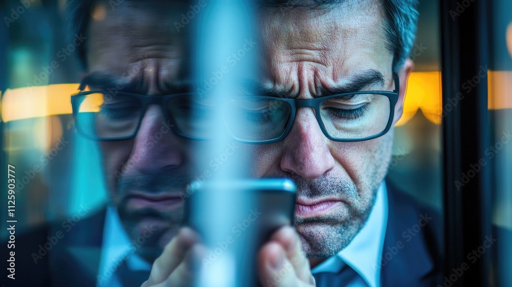 Poster an unhappy businessman is reflected on a smartphone screen, conveying dissatisfaction with poor serv