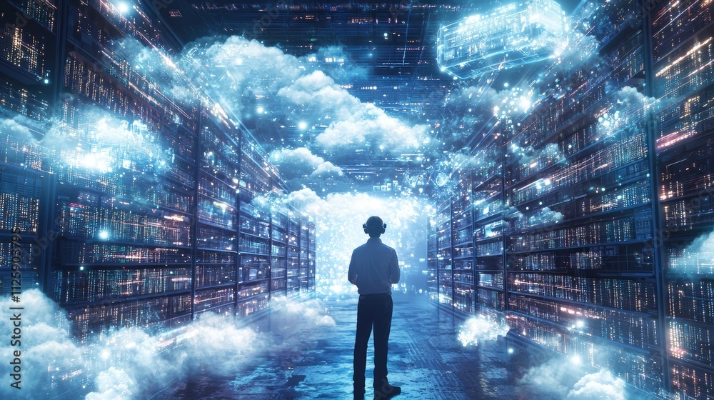 Poster A man uses VR glasses to connect with cloud technology, exploring vast databases, illustrating the intersection of innovation and data accessibility.