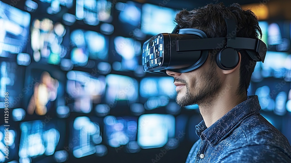 Leinwandbilder a man dons vr glasses to explore a vast multimedia network, illustrating the future of e-learning an