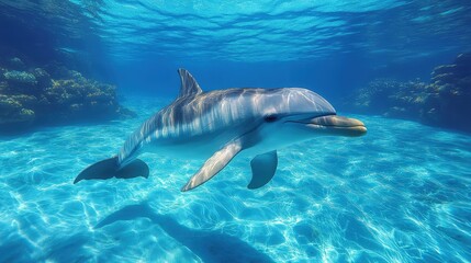 Obraz premium Dolphin swimming in clear ocean water near coral reef.