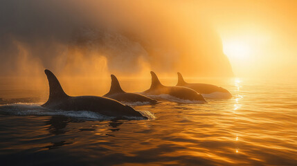 Fototapeta premium A pod of whales breaking the ocean surface, with mist rising against the golden horizon