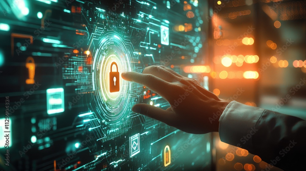Poster the visual illustrates the importance of digital security and privacy, with a man actively engaging 