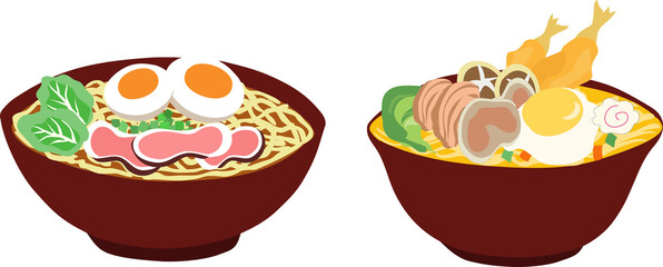 Delicious Japanese ramen noodle soup bowl with eggs, pork, vegetable. Noodle business food design concept background