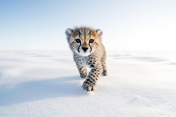 Obraz premium cute baby cheetah walking in snow