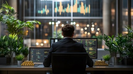 Professional trader analyzing financial data and market trends in a modern office with monitors displaying stock graphs and gold bars as symbols of wealth.