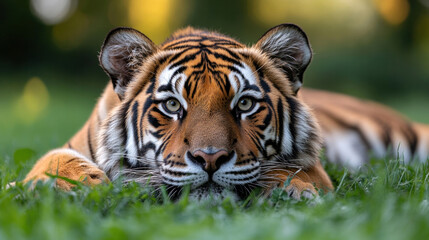 Fototapeta premium A tiger lying in tall grass, its intense gaze locked onto its surroundings