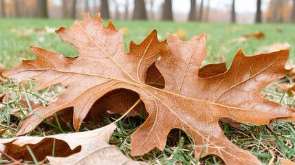 Autumn Leaf on Grass  Closeup of Dried Fall Foliage