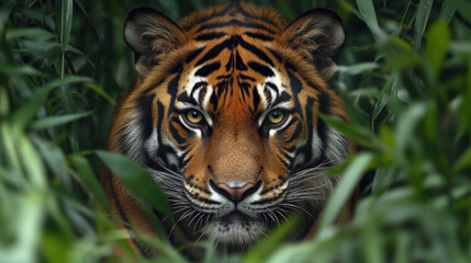 Fototapeta premium A tiger lying in tall grass, its intense gaze locked onto its surroundings