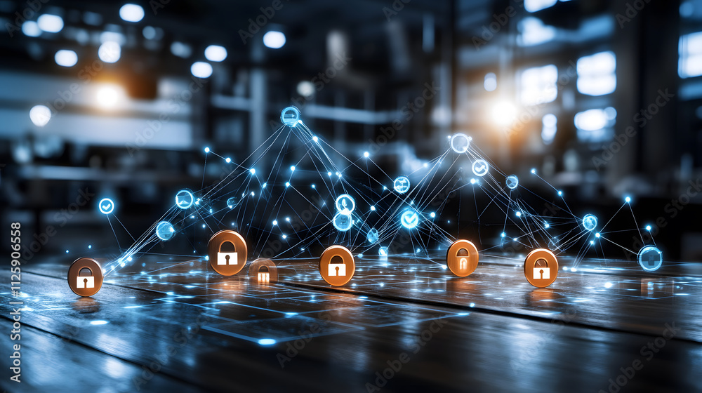 Poster A digital representation of interconnected data, showcasing cryptocurrency coins and network elements, symbolizing blockchain technology and finance