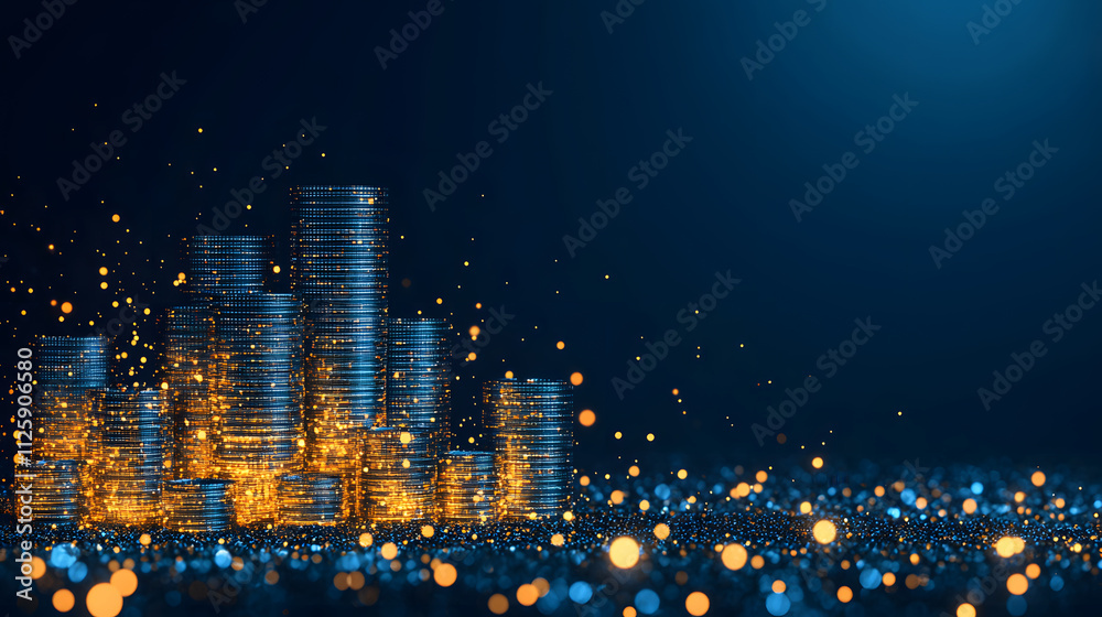 Poster a digital abstract representation of illuminated stacks of coins against a dark background, symboliz