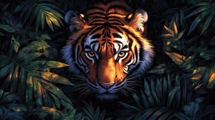 A tiger prowling through dense jungle foliage, its stripes blending with the shadows