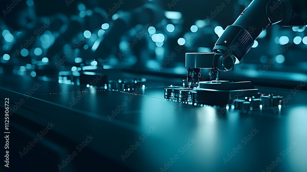 Poster A close-up of a robotic arm interacting with mechanical components in a futuristic, high-tech environment, emphasizing automation and precision