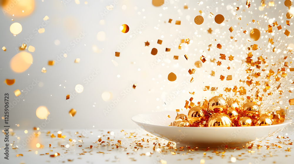 Poster A festive scene capturing golden confetti and decorations exploding from a plate, creating a celebratory atmosphere