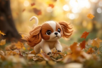 Lovely toy wool dog in forest, cute animal background concept