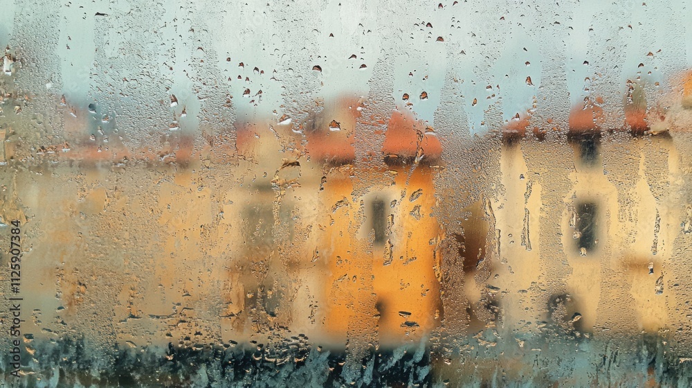 Aufkleber raindrops create a textured layer on the glass as an empty street is visible in the background, surr