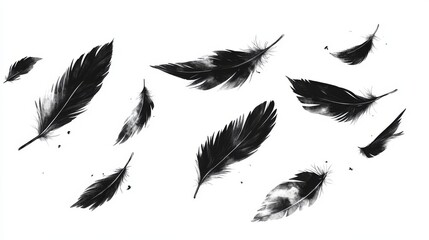 Fototapeta premium 82.Illustration of floating black feathers with broken tips, isolated on a white background; the feathers vary in size and orientation, giving a sense of gentle movement as they drift across the
