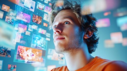 Caucasian Man Enjoying Immersive 3D Cyberspace With Animated Digital Interfaces and Content